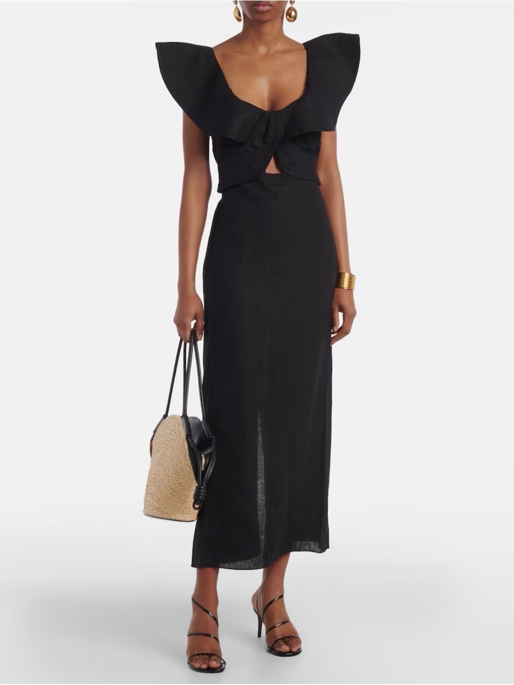 Johanna Ortiz Black Ruffle-Shoulder Tie-Front Maxi Dress